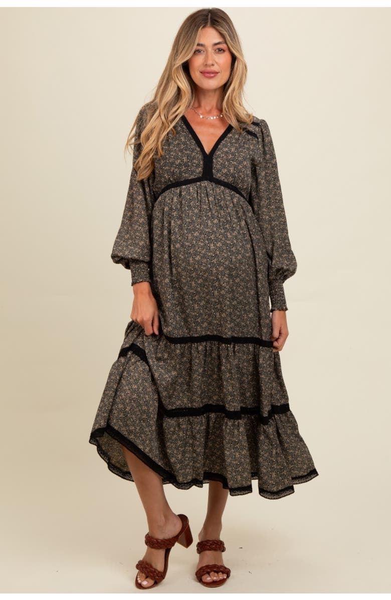 PinkBlush Floral Lace Trim Bubble Sleeve Maxi Dress, Main, color, Black