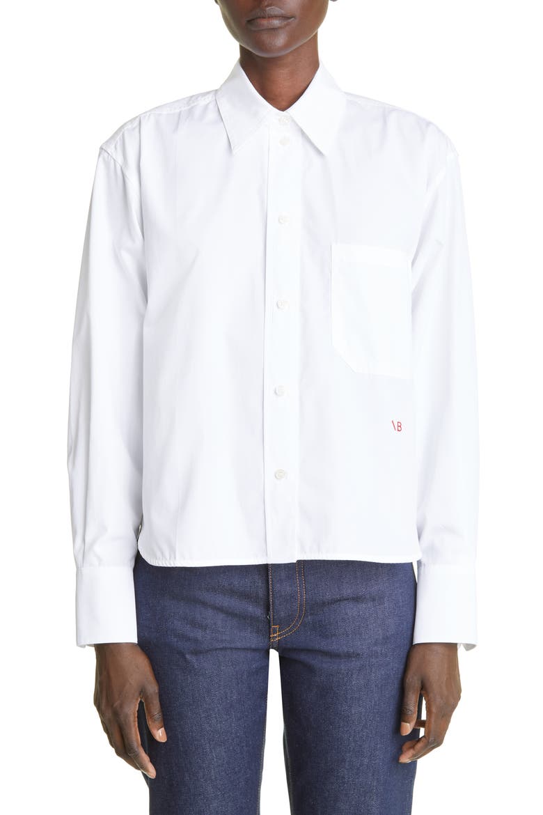 Crop Button-Up Poplin Shirt, Main, color, WHITE