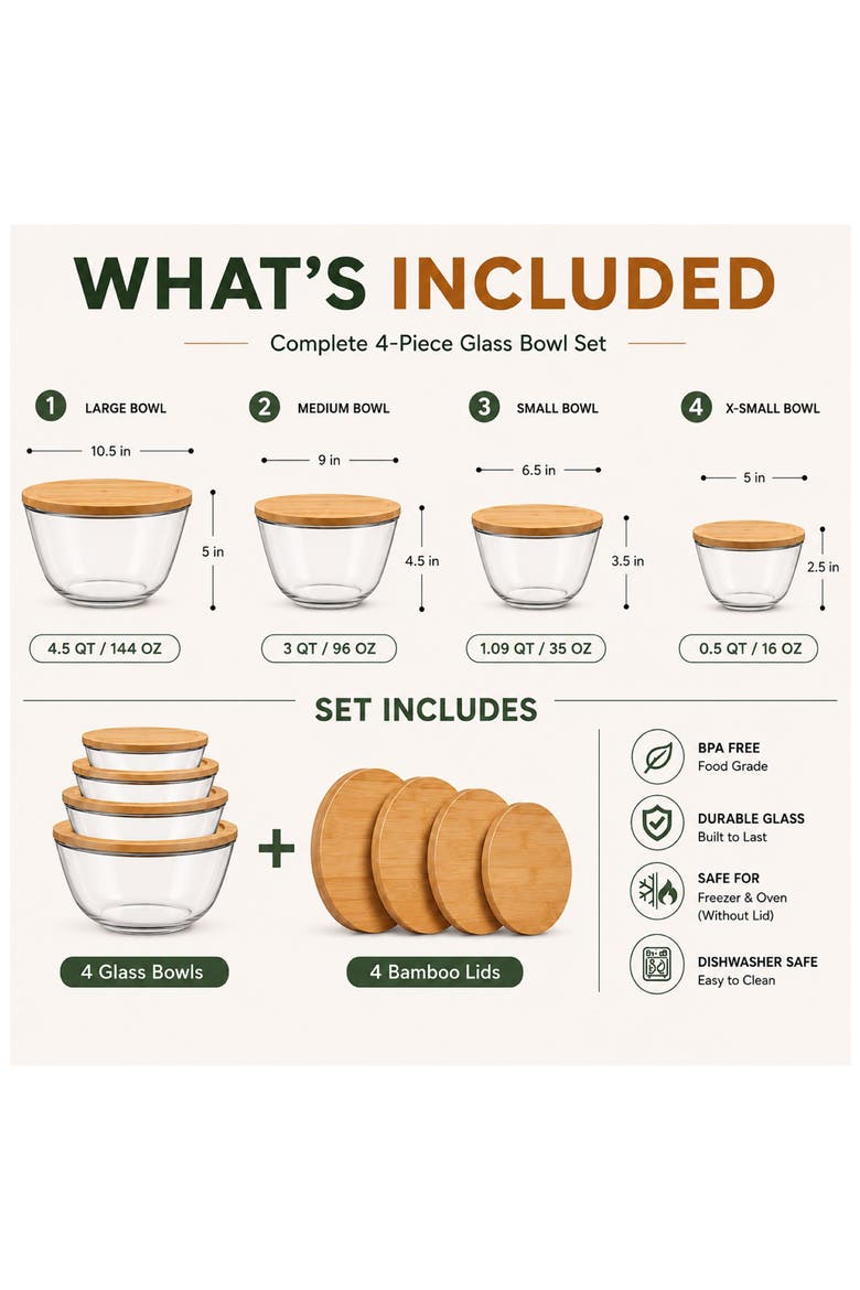 4-Piece Glass Bowl Set with Bamboo Lids, Alternate, color, NO COLOR