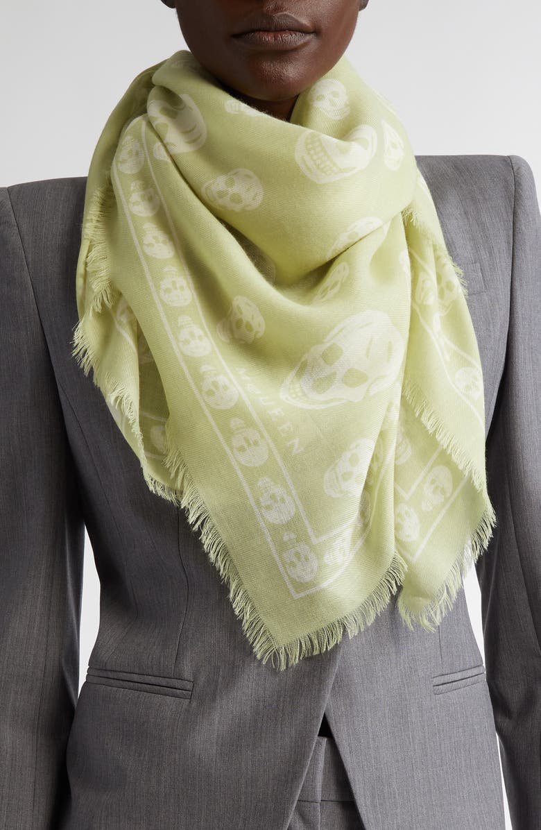 McQueen Skull Print Wool Fringe Scarf, Alternate, color, Oyster/ Ivory