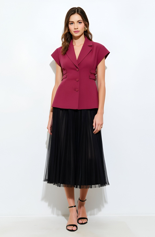 Modenaire Blazer Top with Side Buckle Detail in Burgundy  product