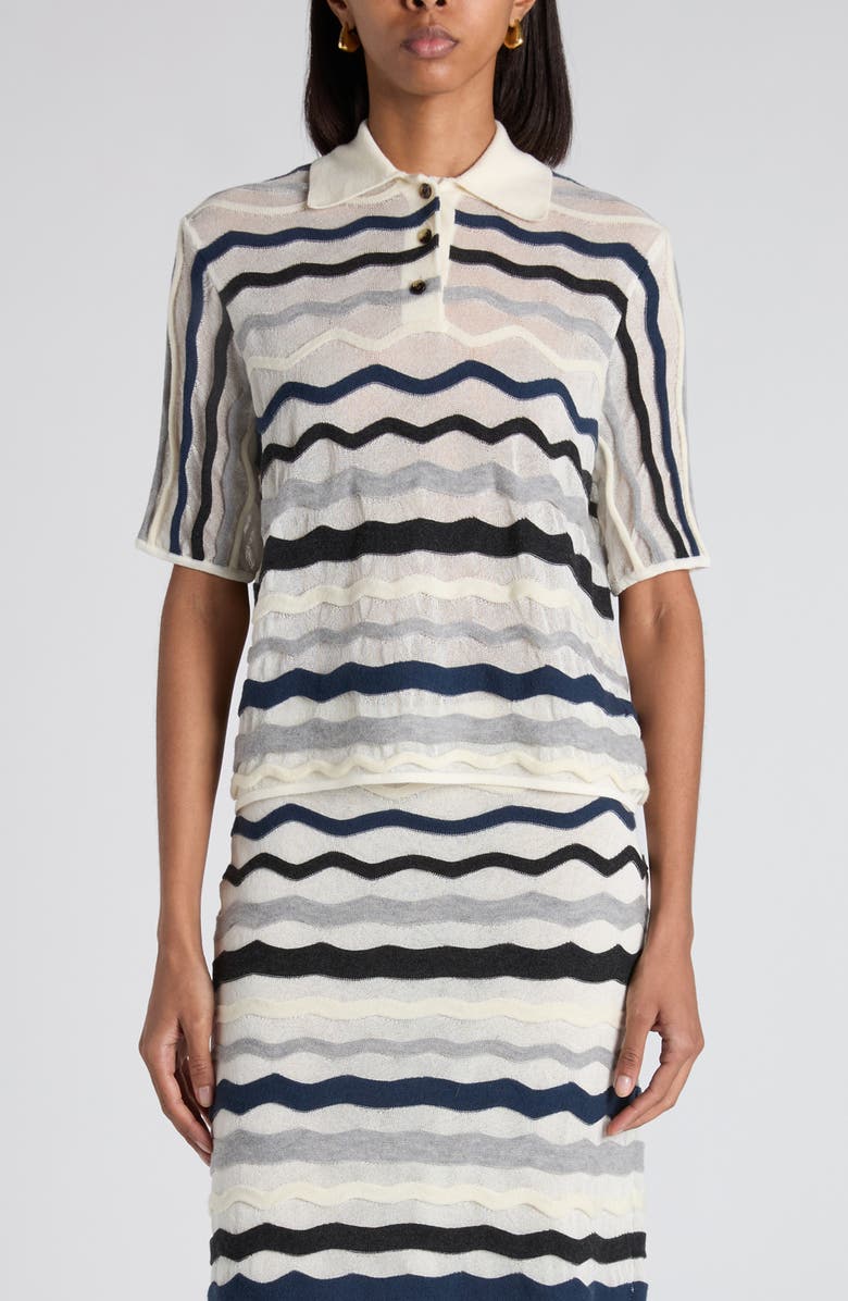 Bottega Veneta Layered Chevron Stripe Wool Blend Polo Sweater, Main, color, Chalk Wave Grey