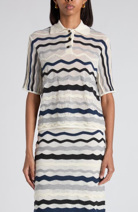 Layered Chevron Stripe Wool Blend Polo Sweater