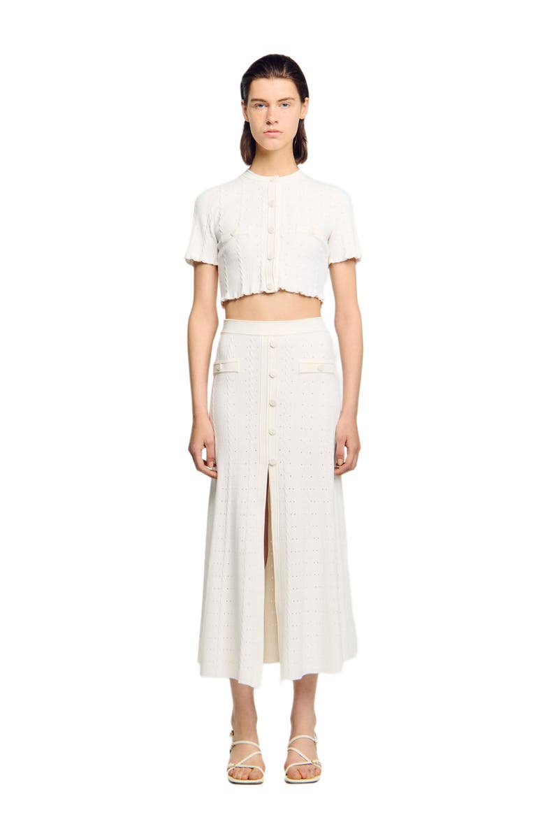 SANDRO Pointelle knit midi skirt, Main, color, Ecru