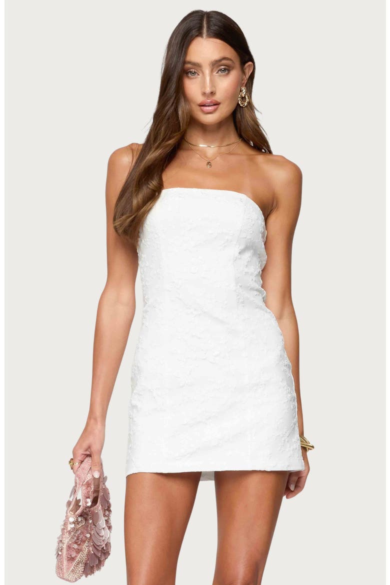 Textured Floral Strapless Minidress, Alternate, color, WHITE