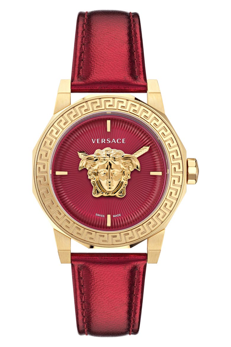 Medusa Deco Leather Strap Watch, 38mm, Main, color, IP YELLOW GOLD