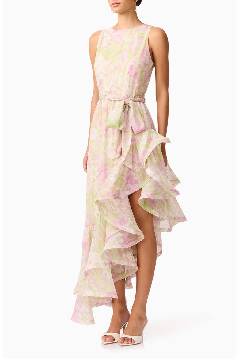 Lacinda Ruffle Tie Waist Asymmetric Gown, Alternate, color, IVORY MULTI