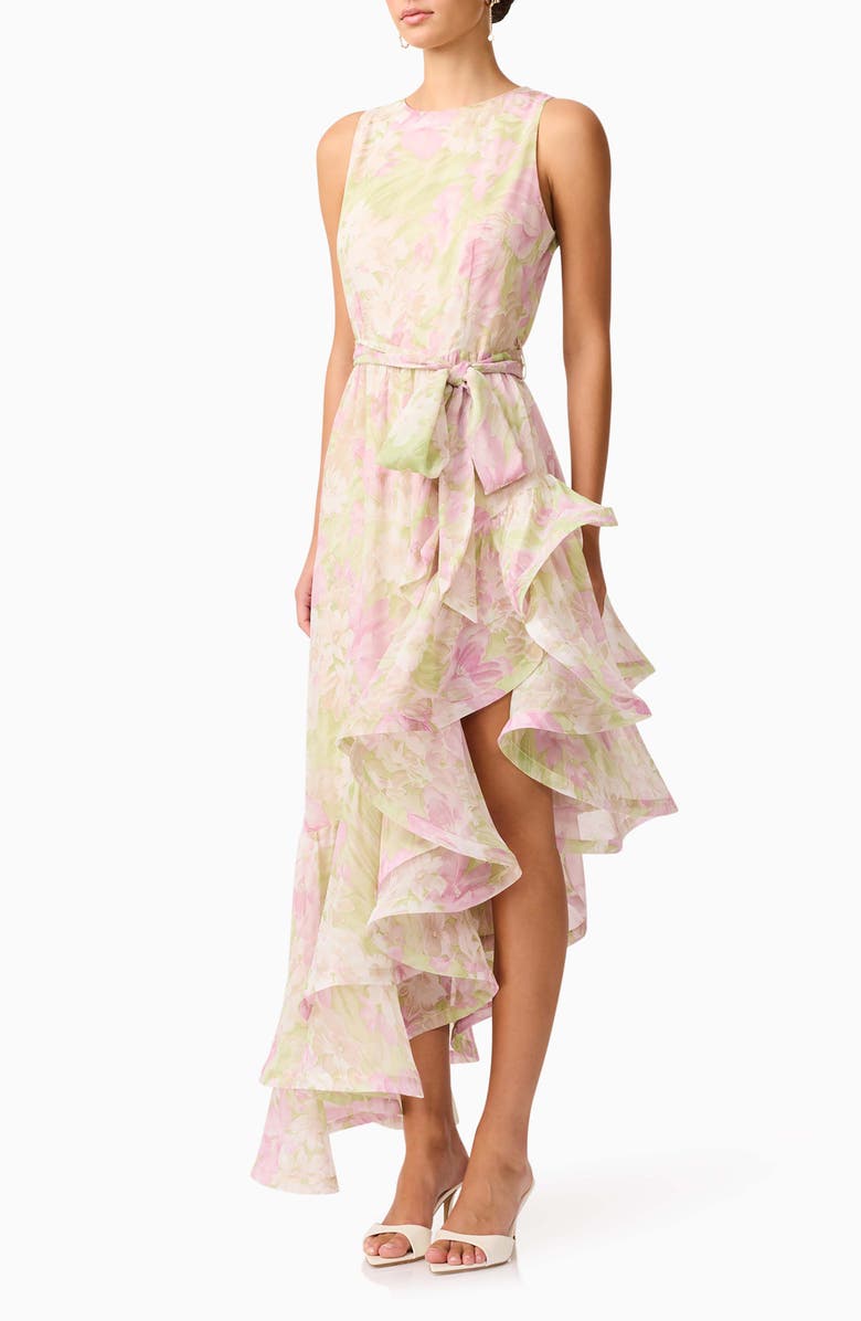 Elliatt Lacinda Ruffle Tie Waist Asymmetric Gown, Alternate, color, Ivory Multi