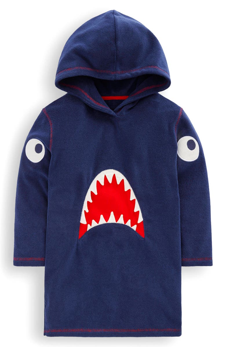 Mini Boden Kids' Shark Appliqué Terry Cover-Up Hoodie, Main, color, Navy Sharks