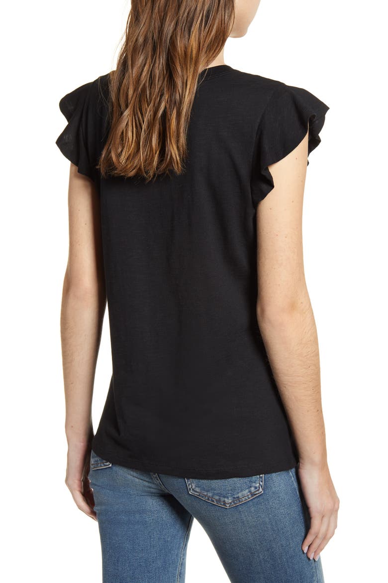 Flutter Sleeve Cotton Blend Tee, Alternate, color, BLACK