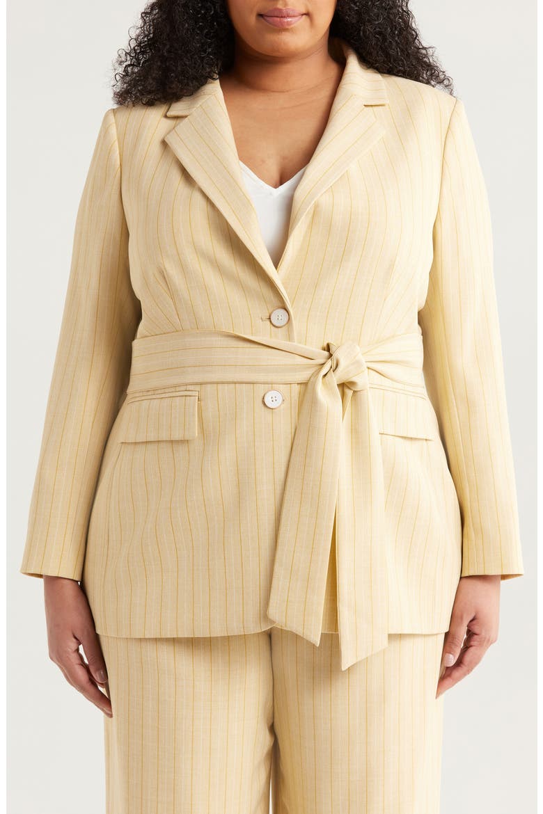 Pinstripe Belted Blazer, Alternate, color, OCHRE
