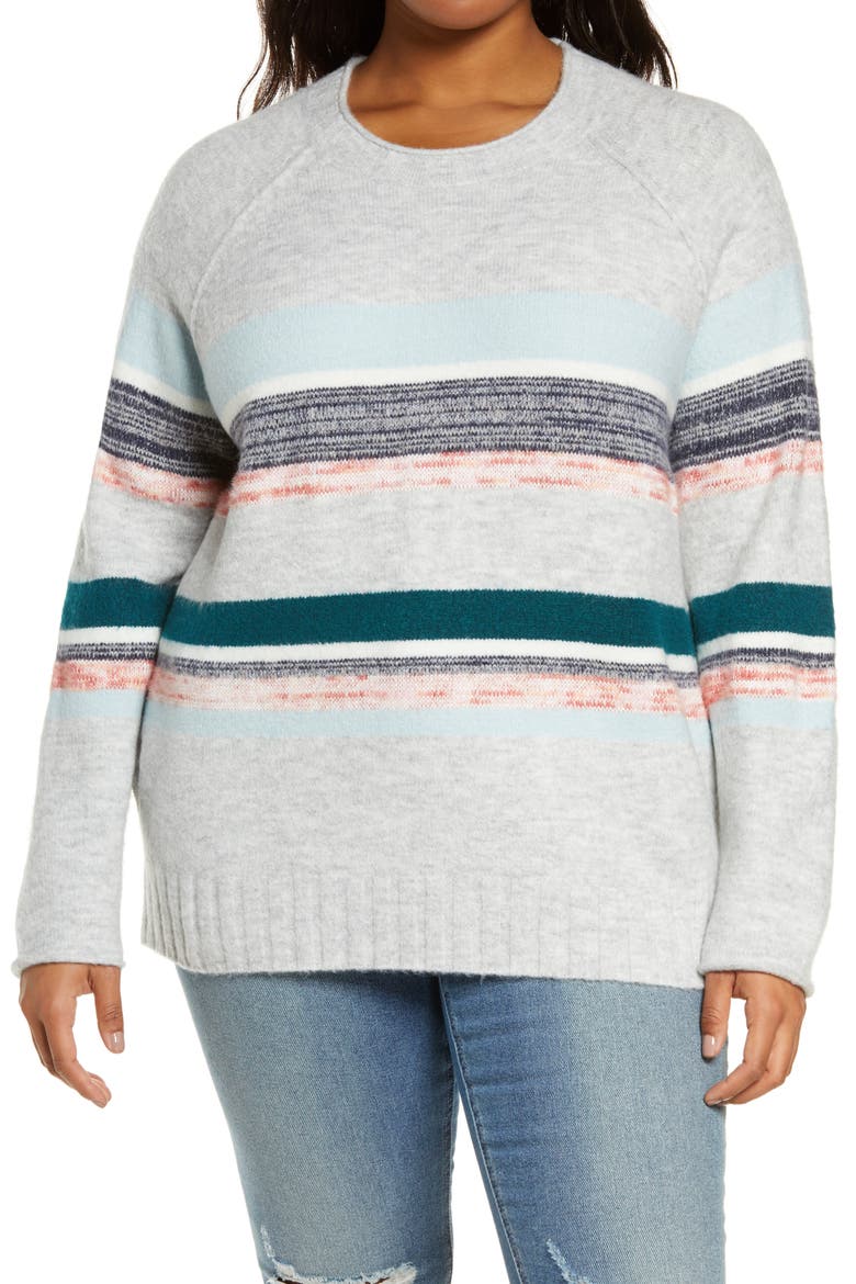 Cozy Mix Stripe Crewneck Sweater, Main, color, GREY ROCKING STRIPE