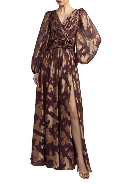 Burnout Chiffon Bishop Sleeve V Neck A Line Gown