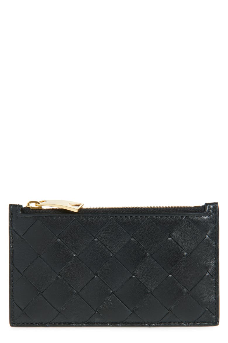 Intrecciato Leather Zip Card Case, Main, color, 8425 BLACK-GOLD