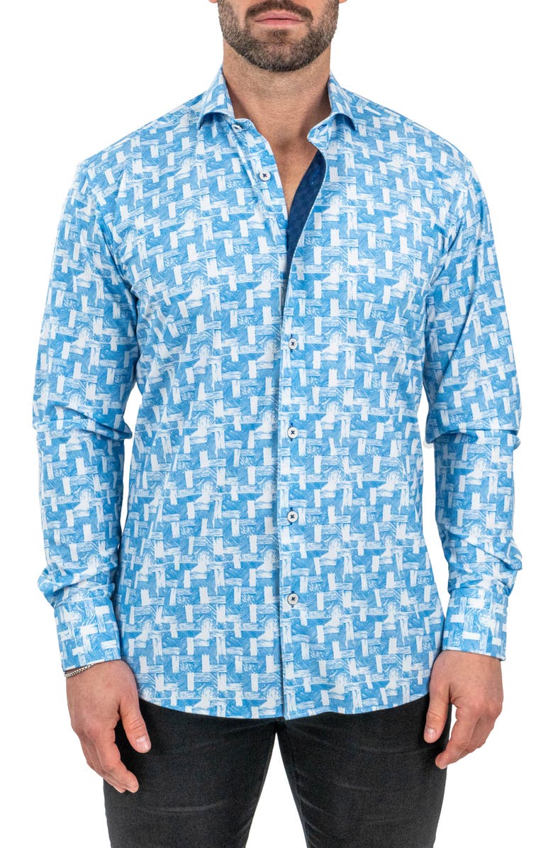 Maceoo Einstein Wood Waves Print Stretch Button-Up Shirt, Main, color, Blue
