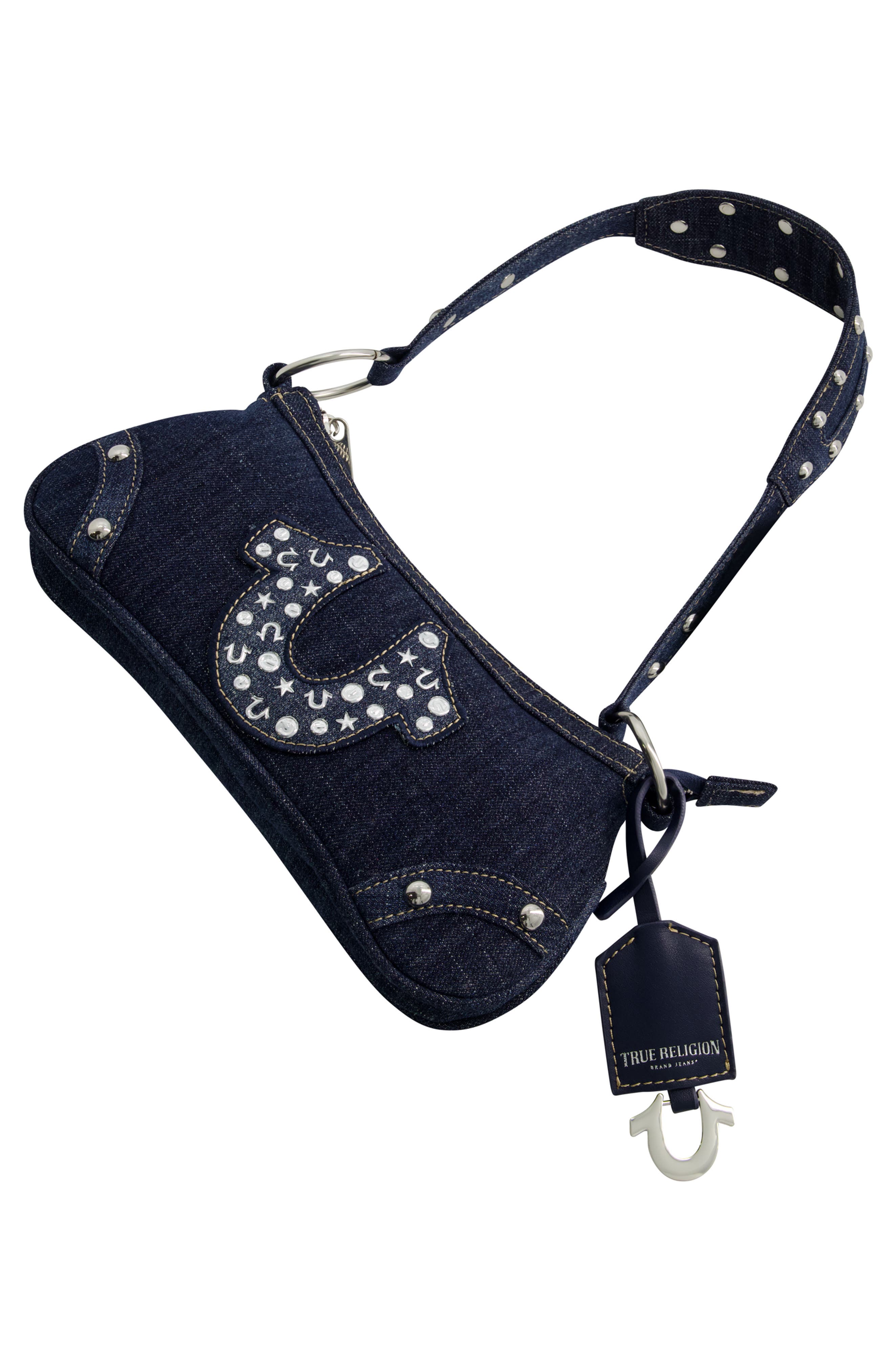 Studded Horseshoe Denim shoulder bag, Alternate, color, DENIM