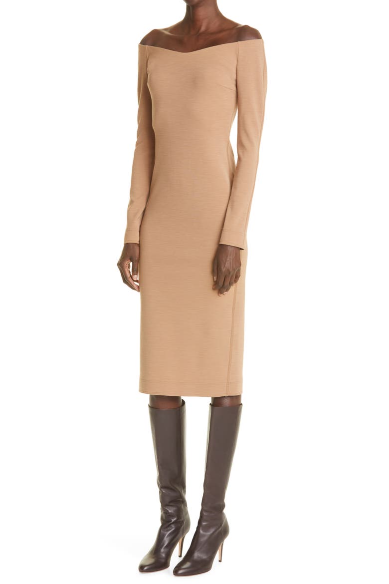 Long Sleeve Wool Blend Midi Dress, Alternate, color, CAMEL