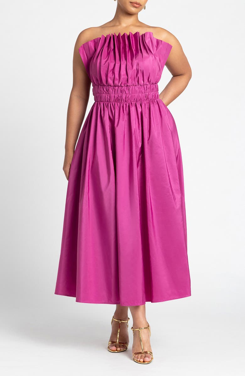 ELOQUII Pleated Ruffle Strapless Satin Cocktail Dress, Main, color, 