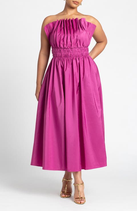 Pleated Ruffle Neckline Midi Dress