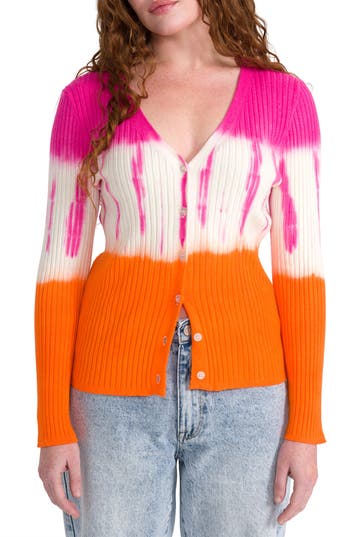 Seven7 Tie Dye Ribbed Cardigan In Persimmon Orange Combo