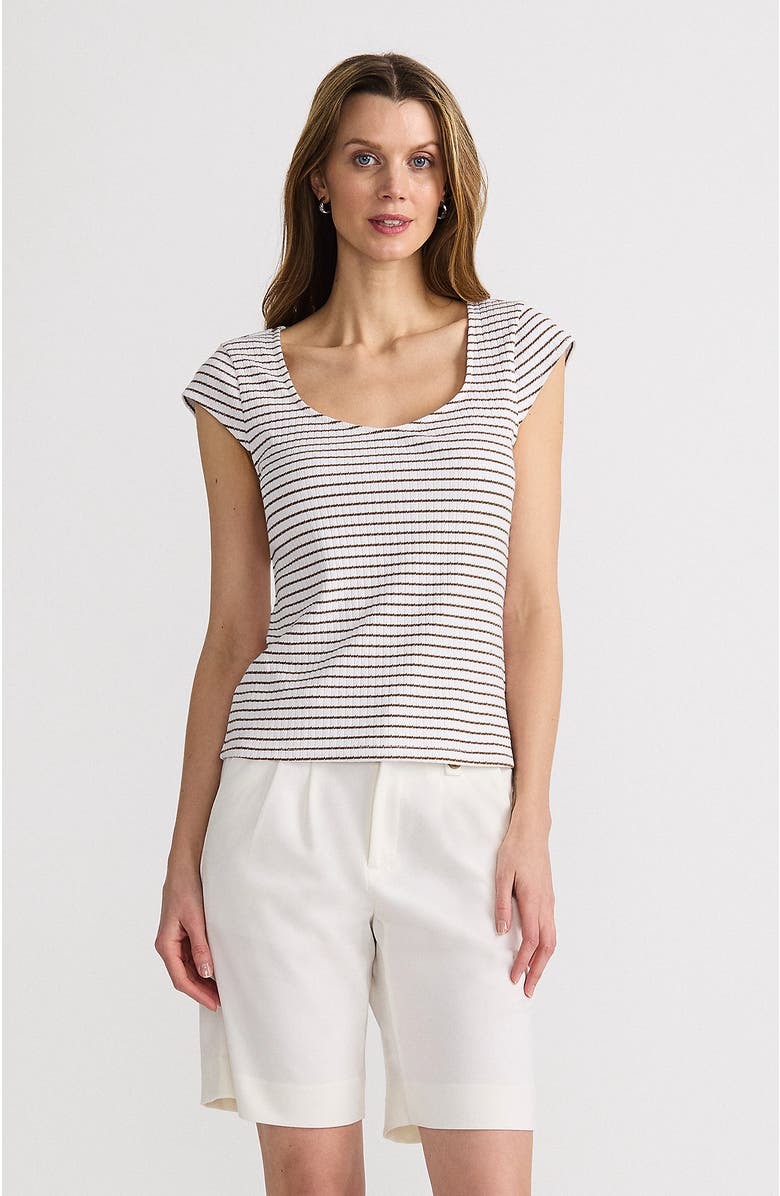 Lands' End Pointelle Cap Sleeve Top, Main, color, White/Coriander Easy Stripe