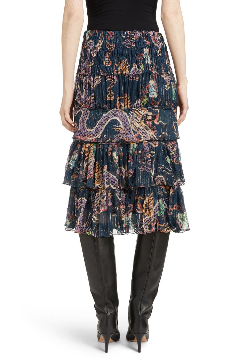 Zuki Tiered Dragon Print Silk Blend Skirt, Alternate, color, MIDNIGHT