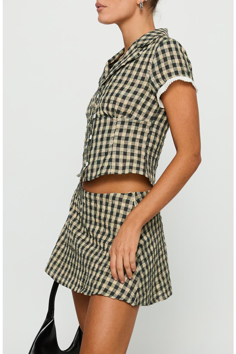 Rhom Check Cotton Crop Button-Up Shirt & Miniskirt Set, Alternate, color, BROWN CHECK