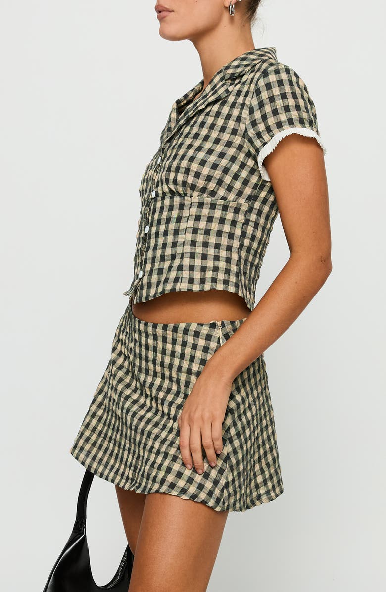 Princess Polly Rhom Check Cotton Crop Button-Up Shirt & Miniskirt Set, Alternate, color, Brown Check