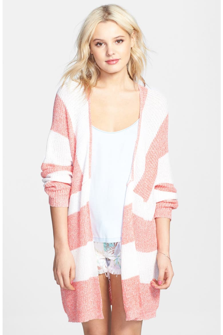 Stripe Open Front Long Cardigan, Main, color, CORAL SUGAR BEACH STRIPE