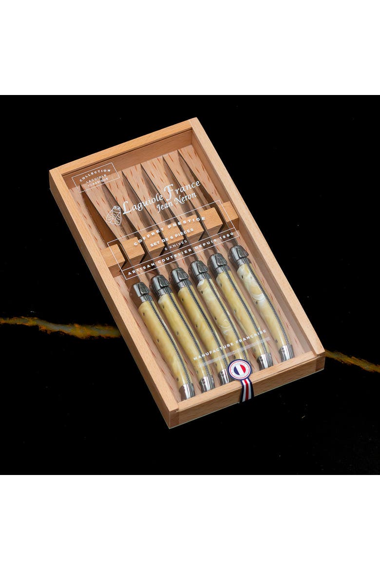 6 Piece Steak Knife Set, Platine Pale Horn in Wood Box with Acrylic Lid, Alternate, color, Beige