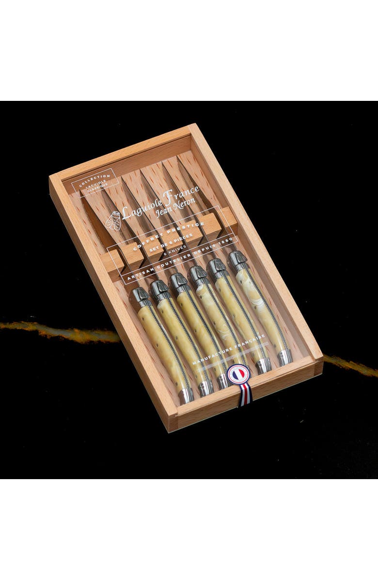 Be Home Laguiole 6 Piece Steak Knife Set, Platine Pale Horn in Wood Box with Acrylic Lid, Alternate, color, Beige