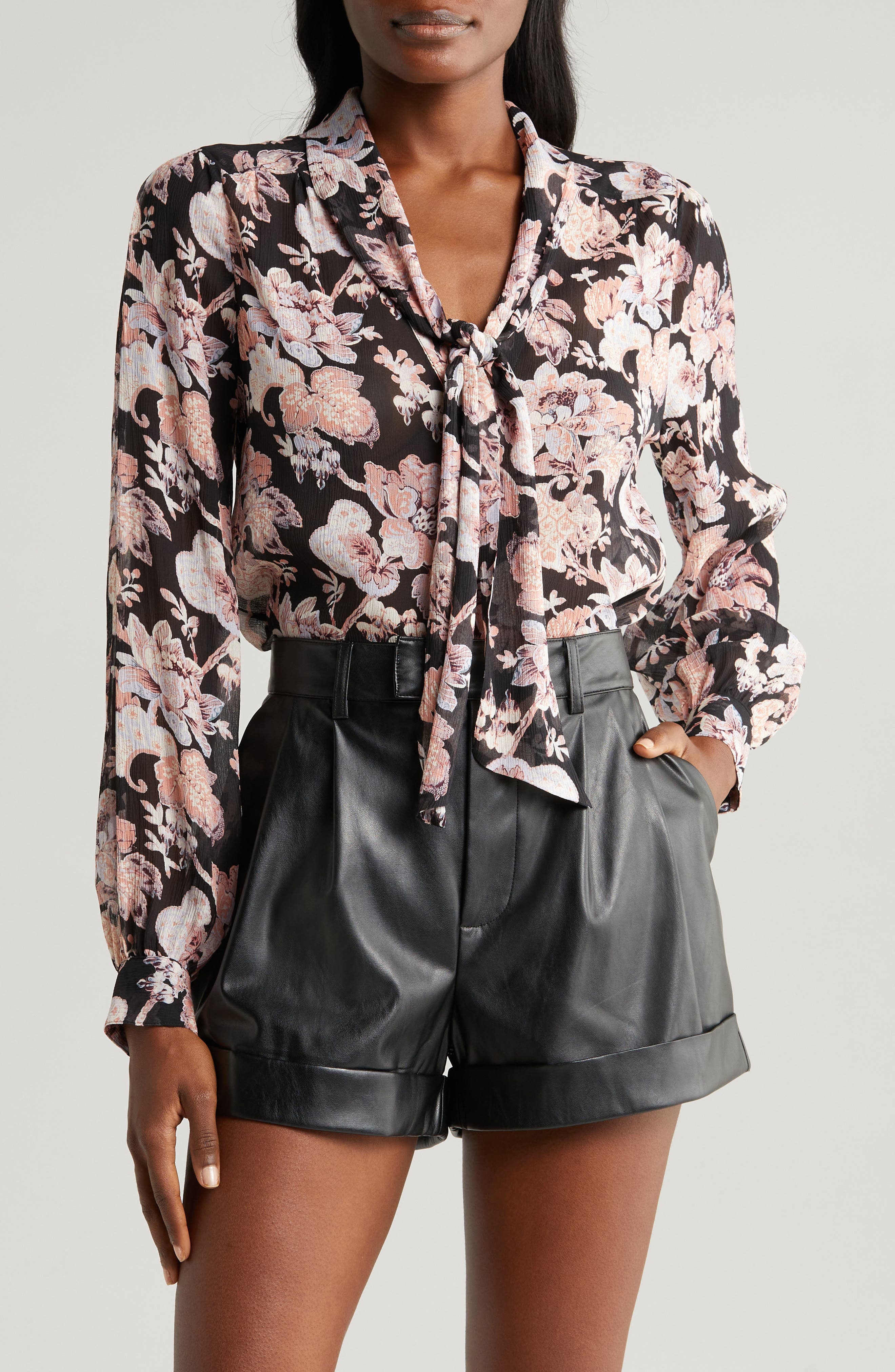 PAIGE Kirstie Floral Tie Neck Silk Shirt