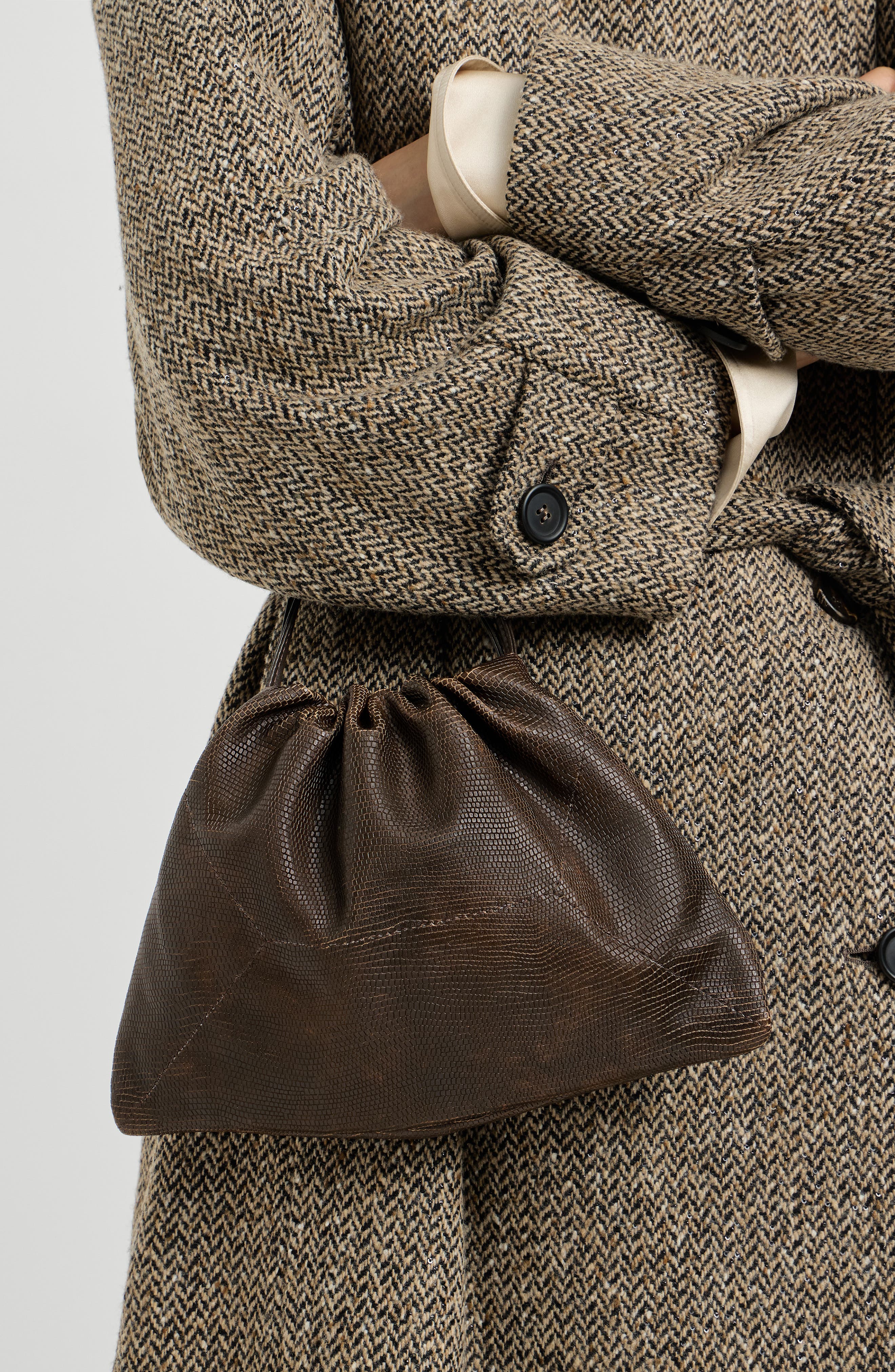 Pouch bag in lizard-effect calfskin, Alternate, color, Rust Brown