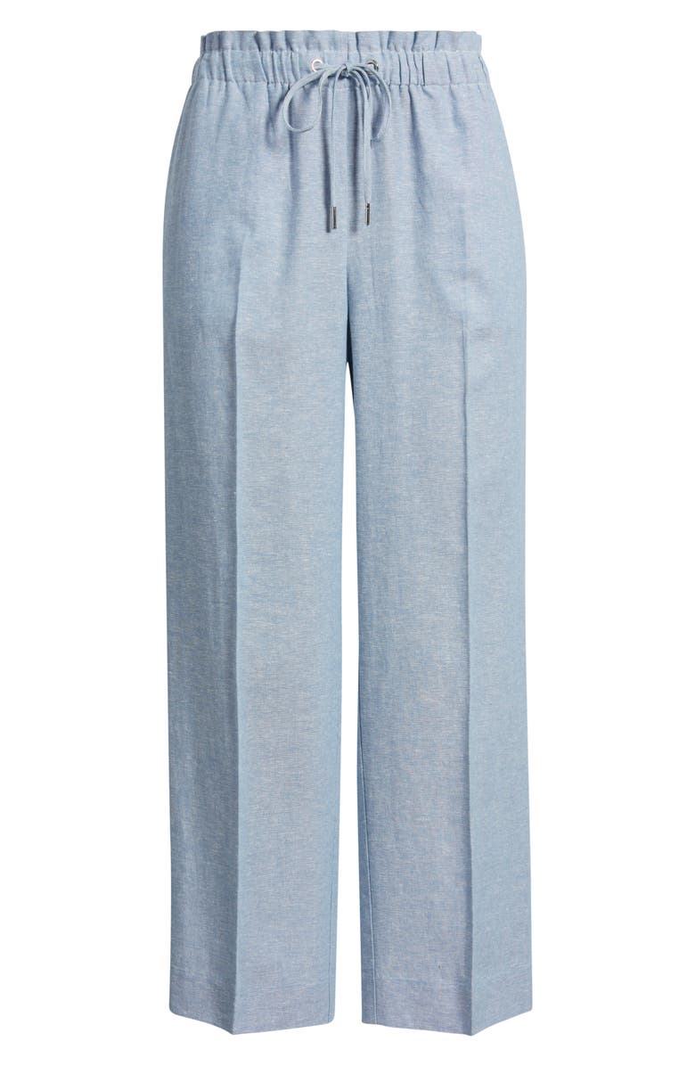 Anne Klein Ankle Straight Leg Linen Blend Drawstring Pants, Alternate, color, Lagoon/ Crisp White