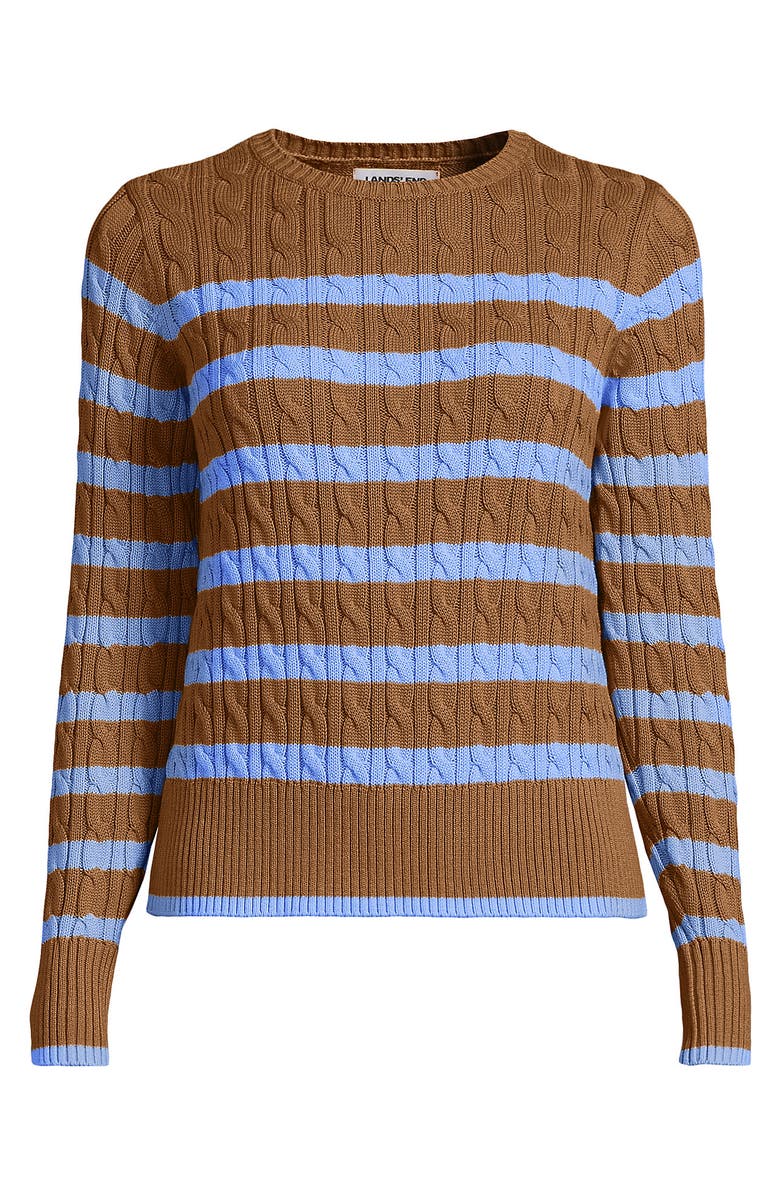 Lands' End Drifter Modern Cable Crew Sweater, Alternate, color, Canyon Camel/Blue Stripe