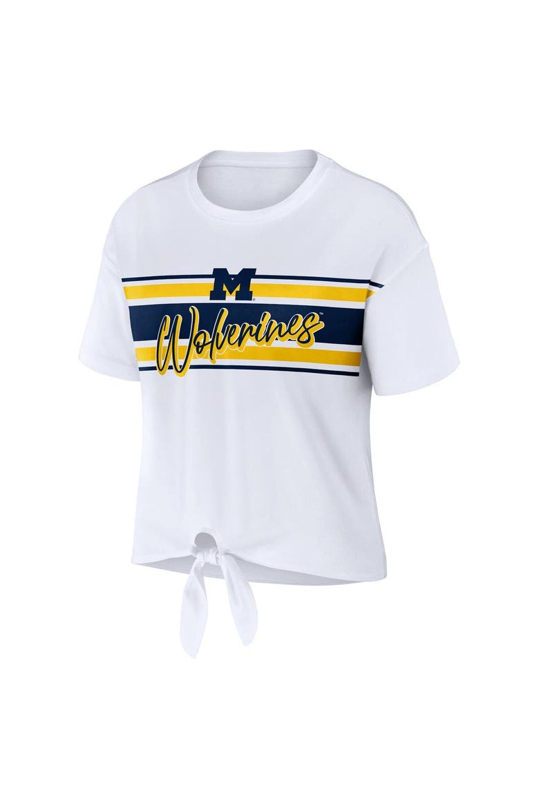 Women's WEAR by Erin Andrews White Michigan Wolverines Striped Front Knot Cropped T-Shirt, Alternate, color, White