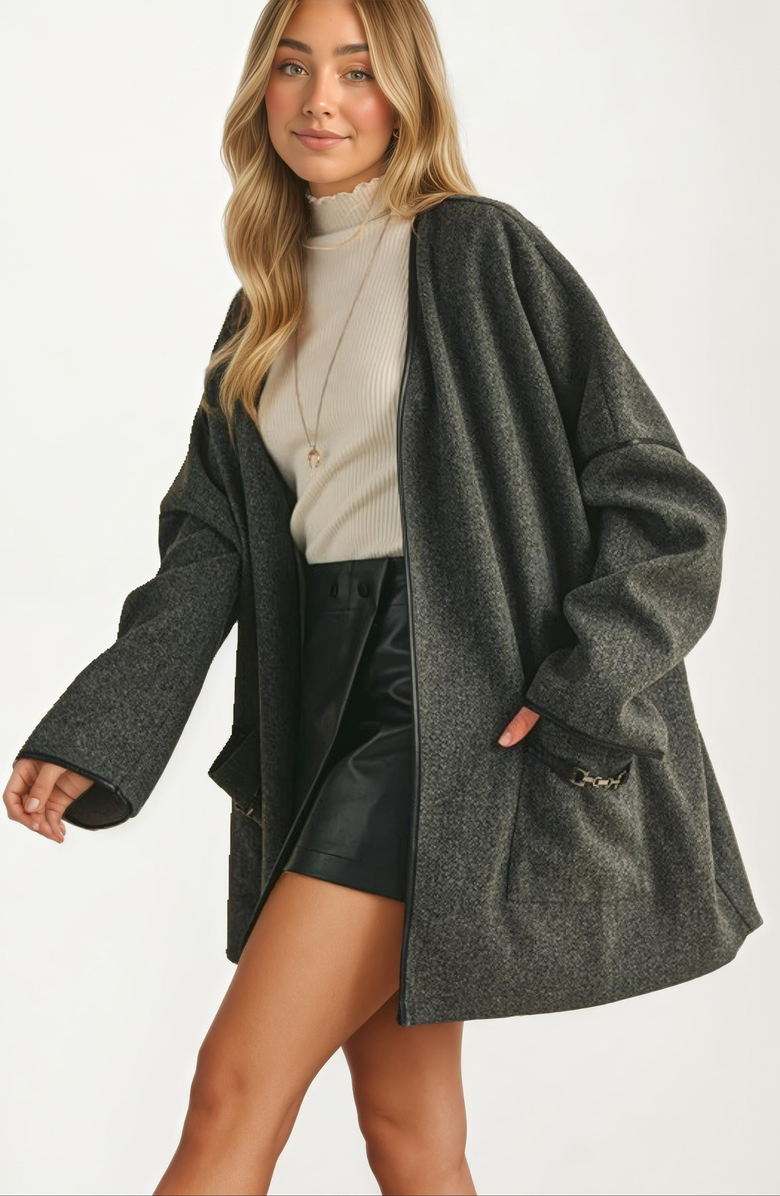 Knit and Lounge Oversized Draped Wool-Blend Contrast Pocket Trim Jacket, Alternate, color, 