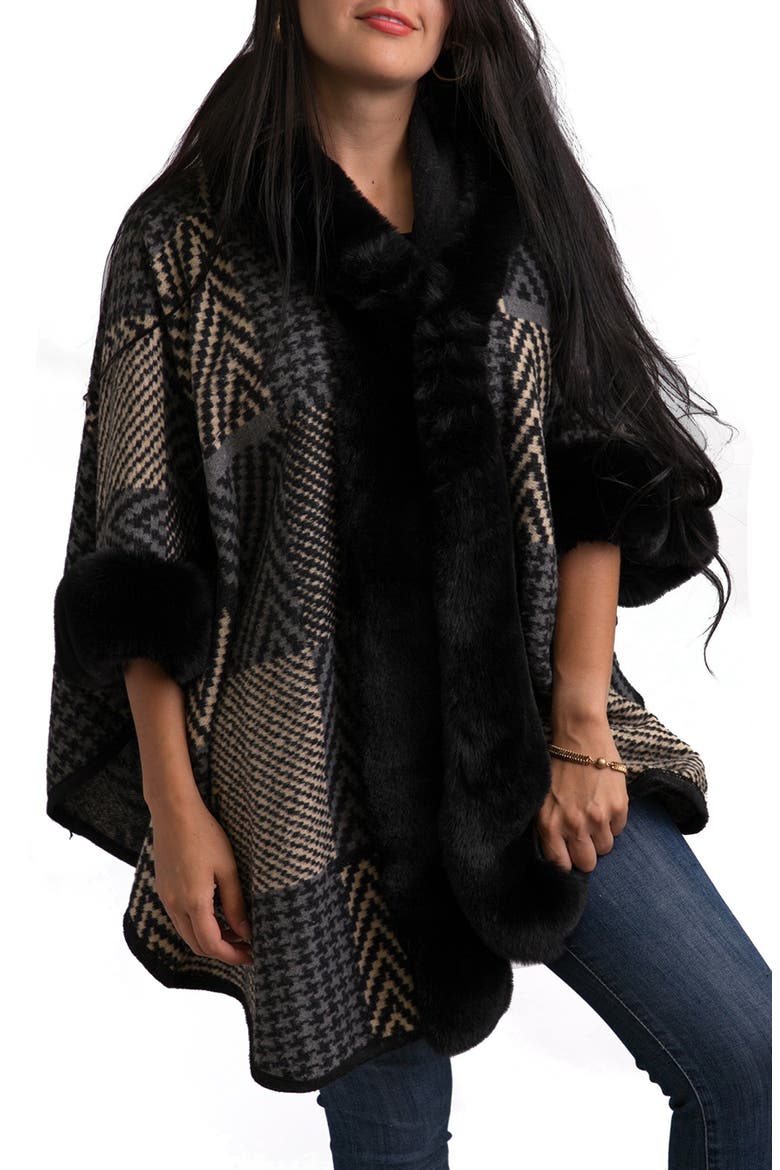 Mixed Print Faux Fur Trim Cardigan, Main, color, BLACK