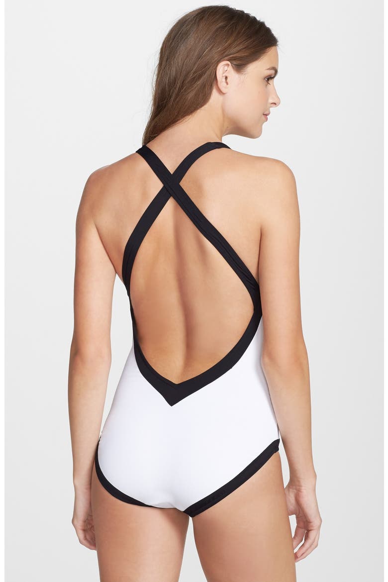 'Block Party' Front Zip One-Piece Swimsuit, Alternate, color, WHITE