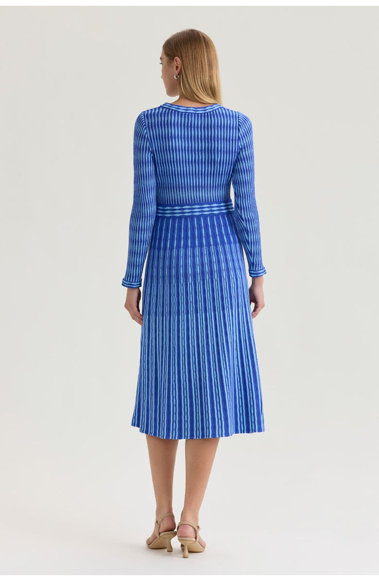 Ming Wang Linear Pointelle Lined Tonal Soft Knit Fit-N-Flare Midi Dress, Alternate, color, Sapphire Sea/Serene