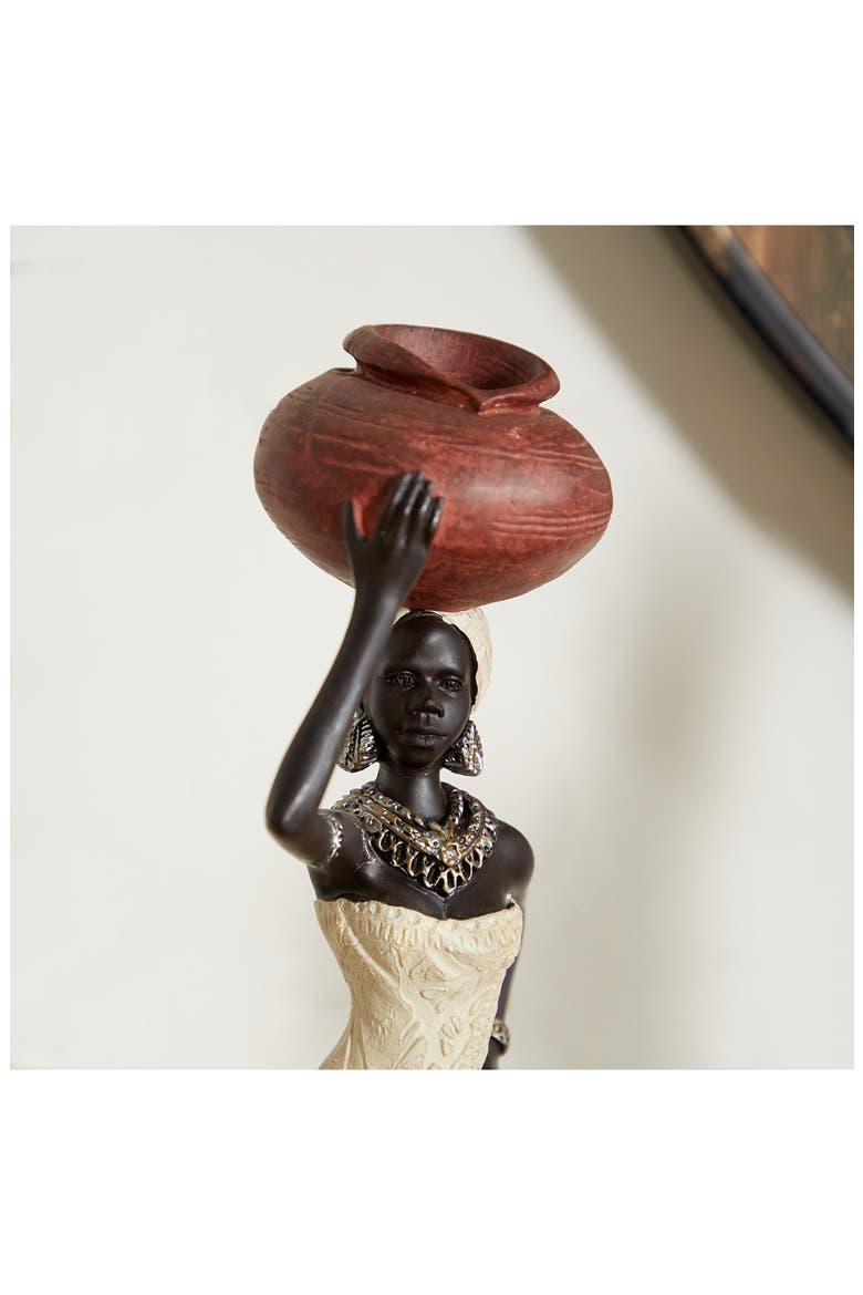 Cream Polystone Standing African Woman Sculpture with Red Water Pots and Black Base - Set of 2, Alternate, color, CREAM