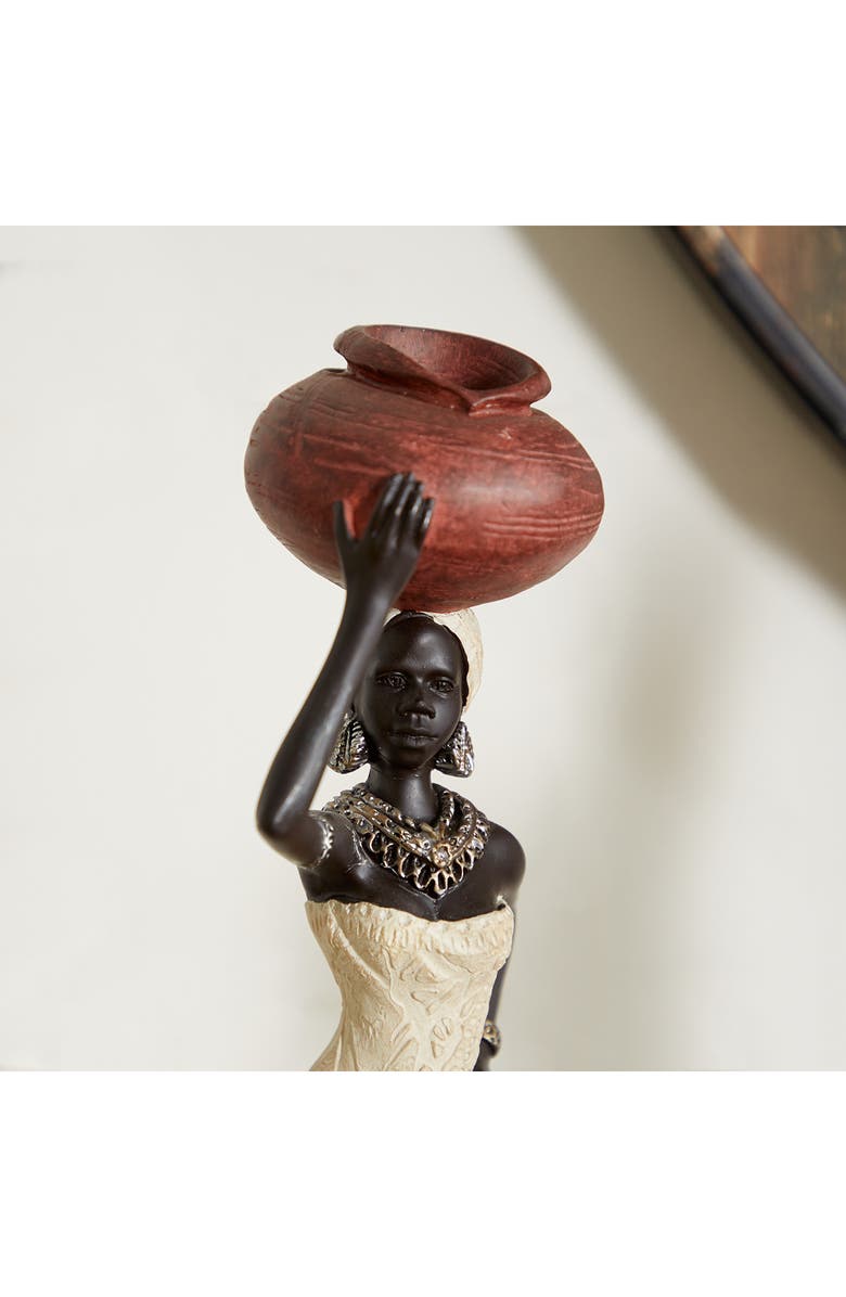 WILLOW ROW Cream Polystone Standing African Woman Sculpture with Red Water Pots and Black Base - Set of 2, Alternate, color, 