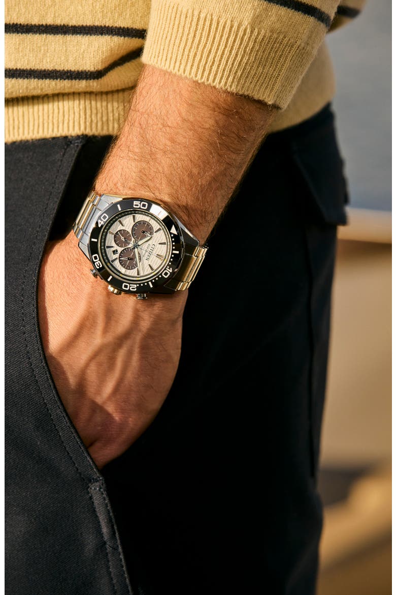 Endeavor Eco-Drive Chronograph Bracelet Watch, 43mm, Alternate, color, BLACK/ SILVER-TONE