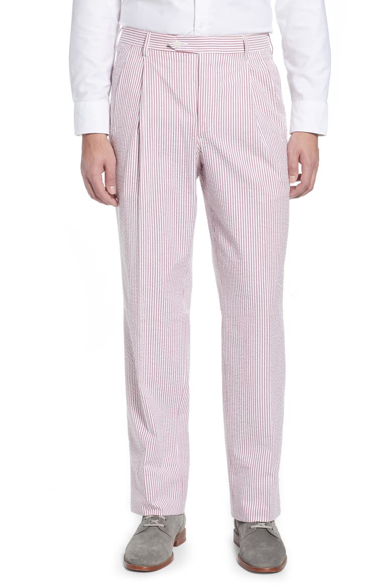 Pleated Seersucker Cotton Dress Pants, Main, color, GARNET