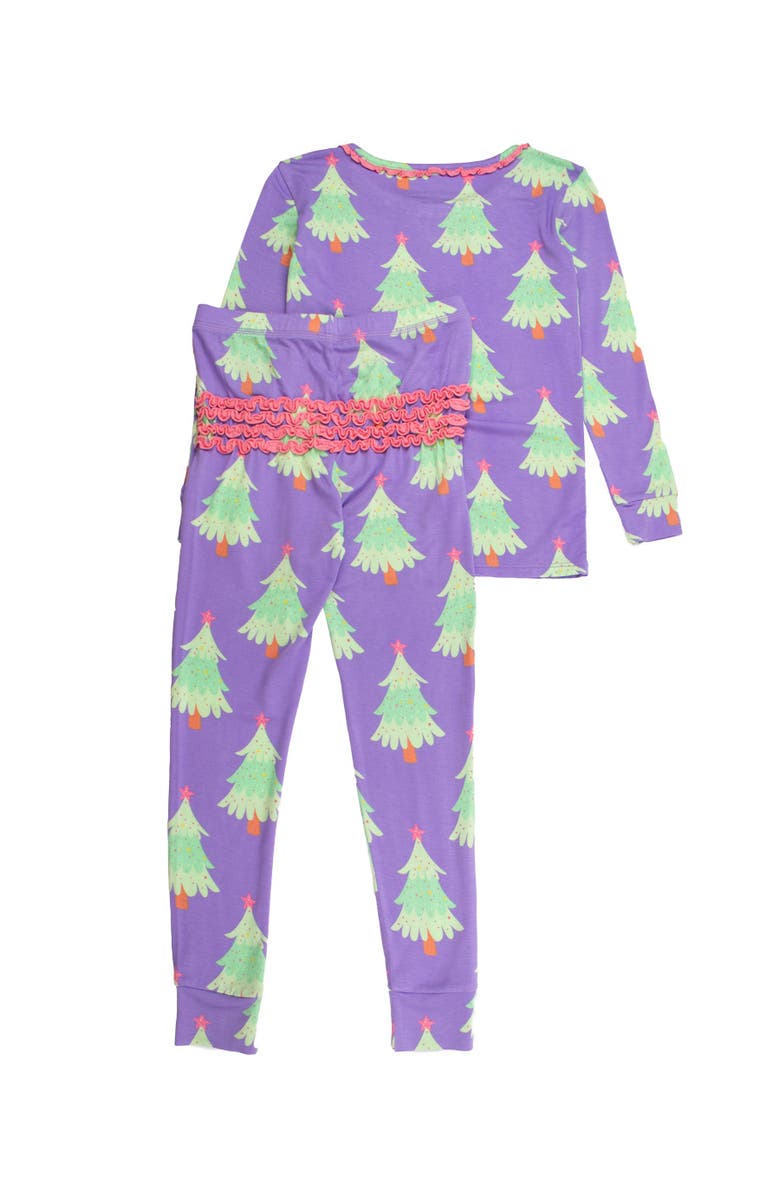 RuffleButts SoftSnooze Ruffle Long Sleeve Pajama Set, Signature Rear Ruffles, Alternate, color, Purple Twinkling Trees
