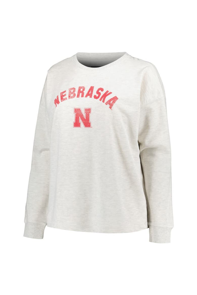 Women's Profile Oatmeal Nebraska Huskers Plus Size Distressed Arch Over Logo Neutral Boxy Pullover Sweatshirt, Alternate, color, Oatmeal
