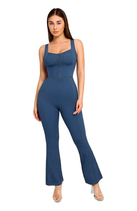 Shapewear Sculpting Denim Tank Flare Leg Jumpsuit