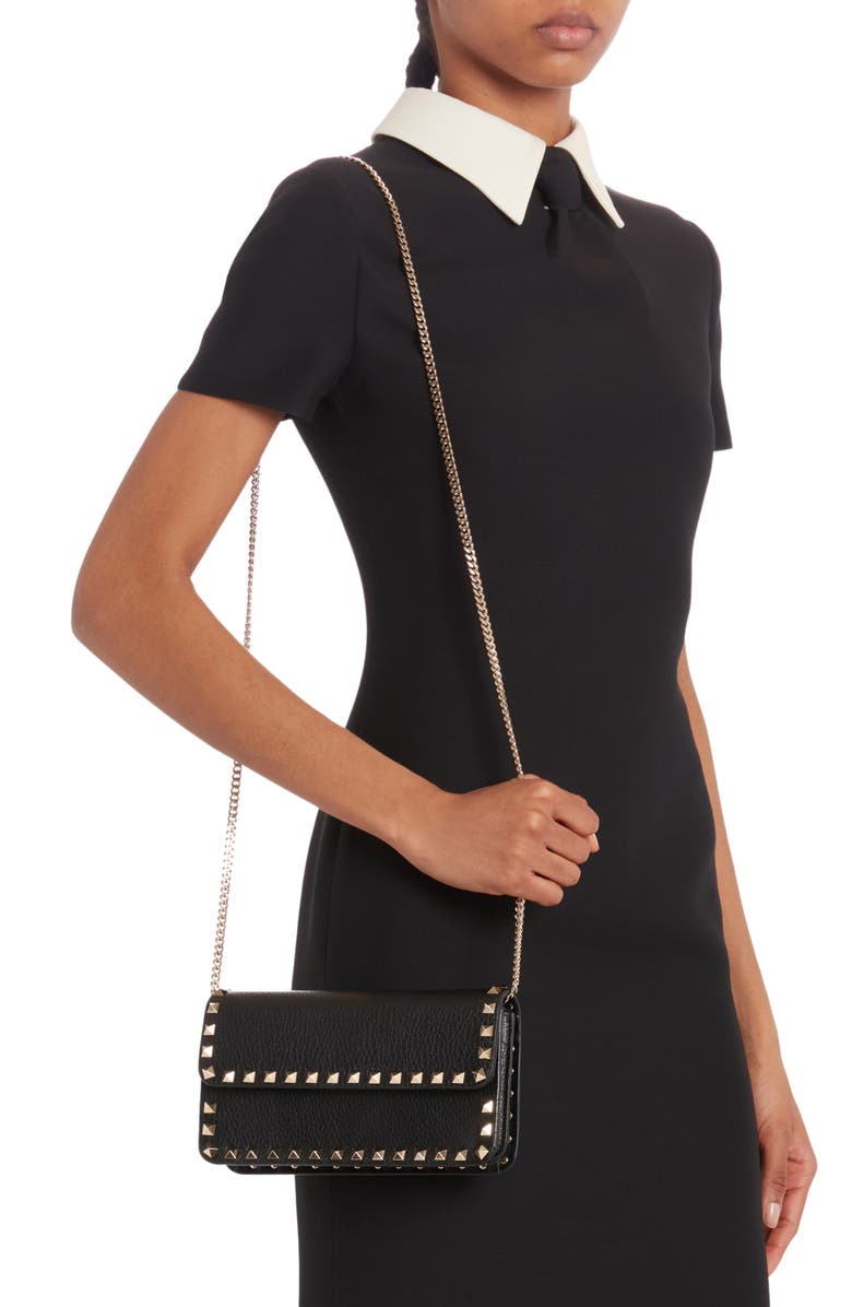 Valentino Garavani Rockstud Leather Wallet on a Chain, Alternate, color,