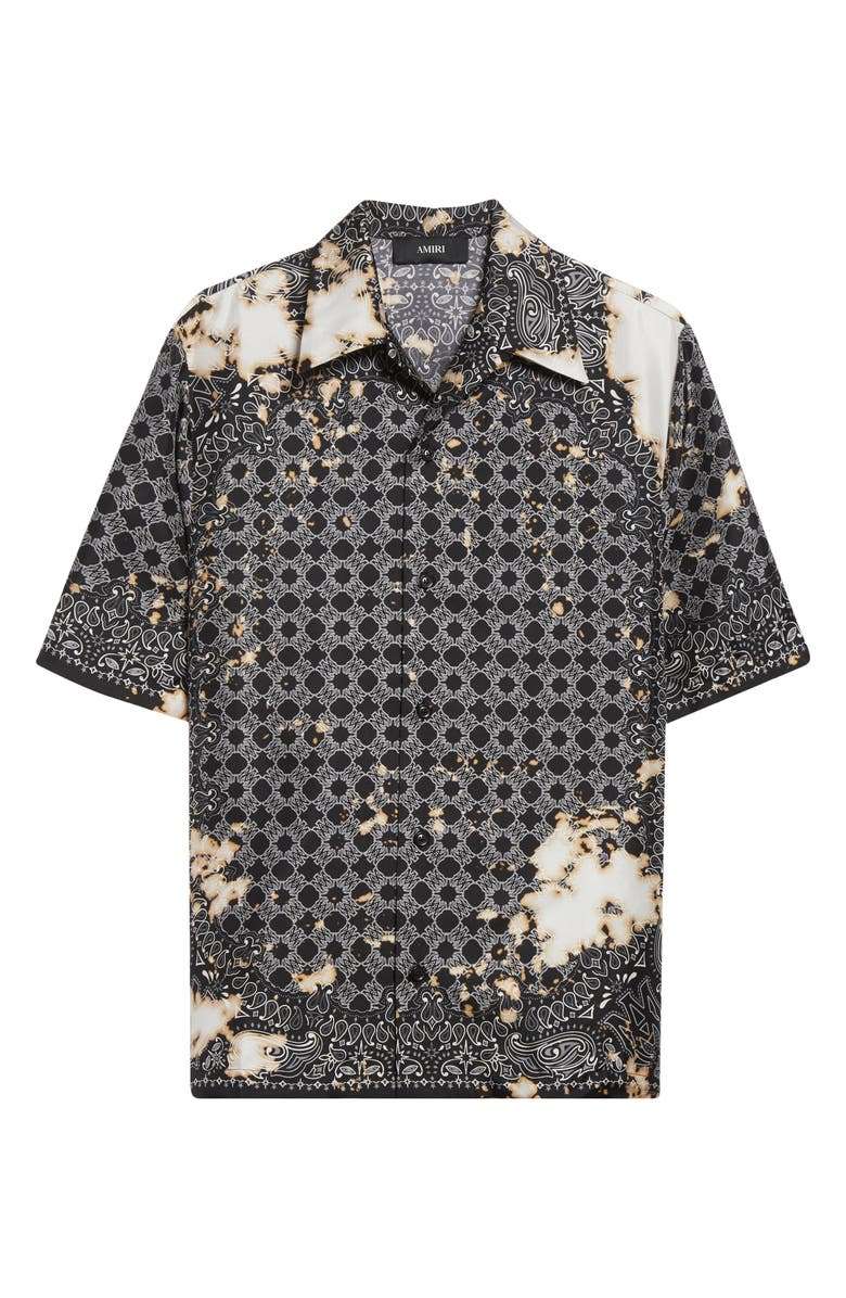 AMIRI Bleach Splatter Bandana Silk Bowling Shirt, Alternate, color, Black