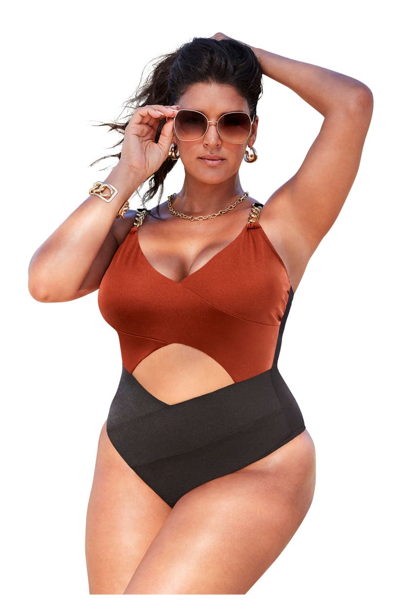 Swimsuits for All Shimmer Chain Accent Cut Out One Piece Swimsuit, Main, color, Cinnamon Black Shimmer